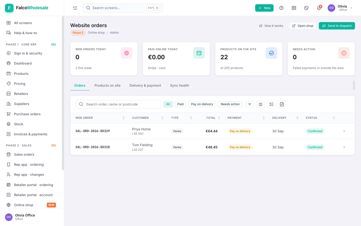 Website orders